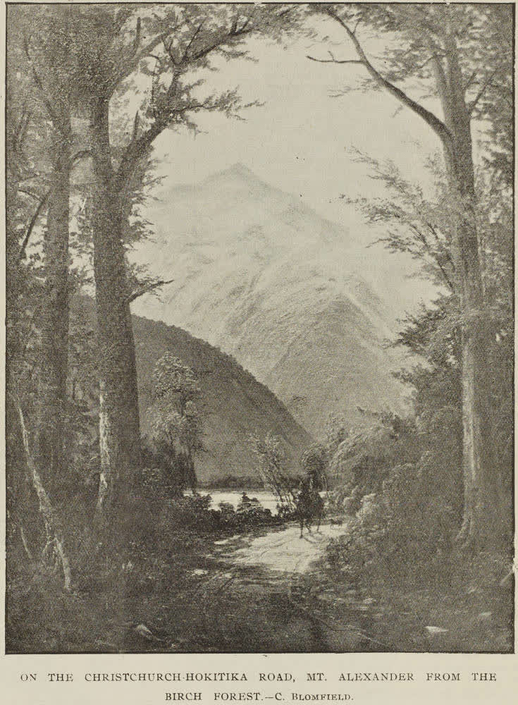 On the Christchurch-Hokitika Road, Mt. Alexander from the birch forest, 1896