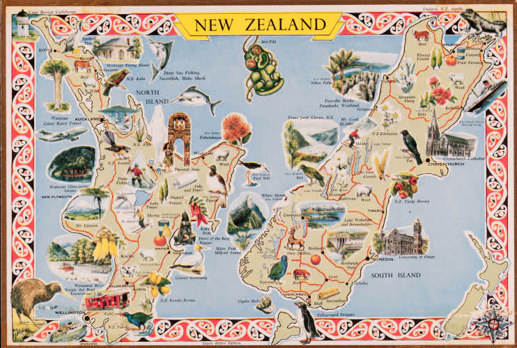 New Zealand Tourist postcard - New Zealand map, 1960
