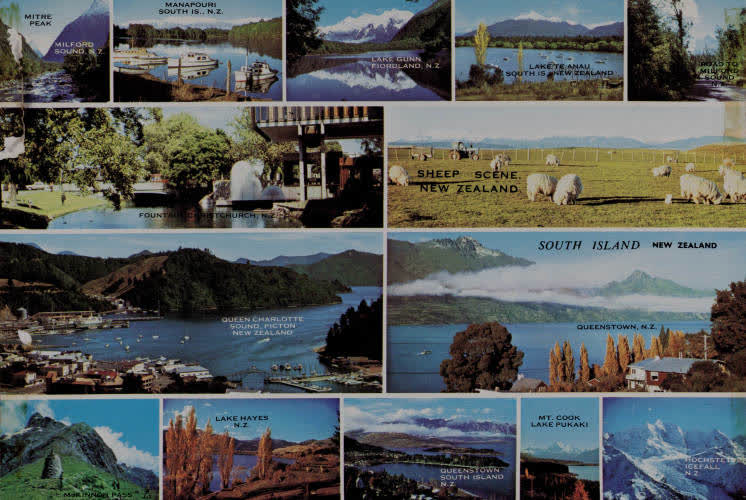 Composite postcard of South Island views, 1970