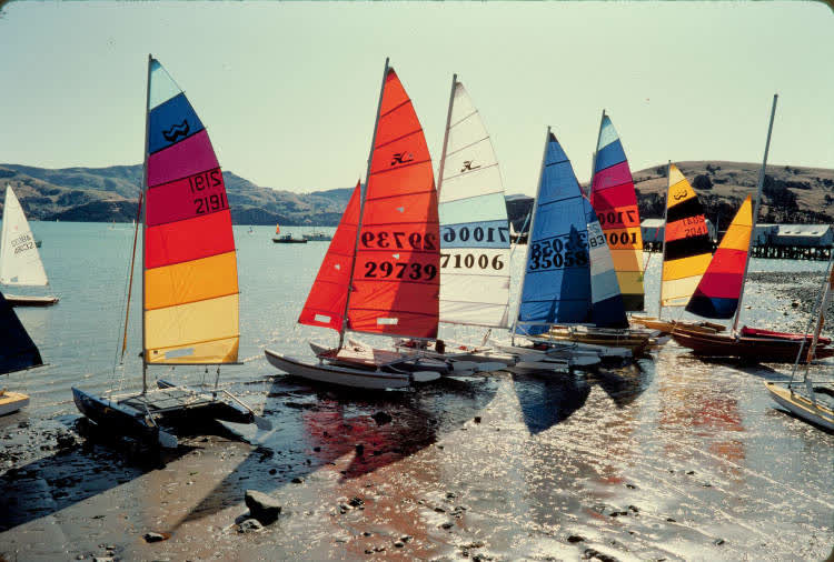 Catamarans on the beach at Akaroa, 1983, 1980