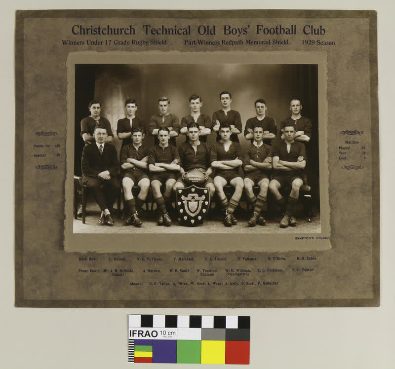Photograph: Christchurch Technical College Old Boys' Football Club, Winners Under 17 Grade Rugby Shield, Part-Winners Redpath Memorial Shield, 1929 Season, 1929