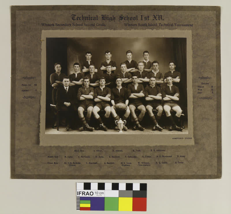 Photograph: Technical College Technical High School 1st XV, Winners Secondary School Second Grade and Winners South Island Technical Tournament, 1929, 1929