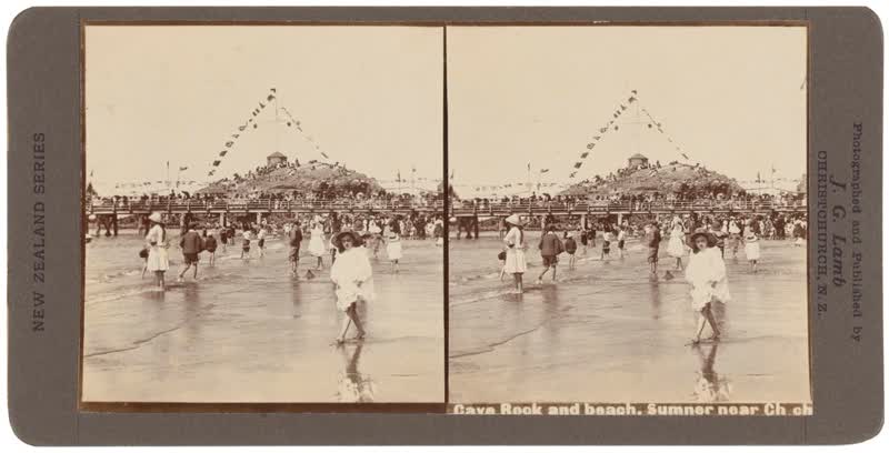 Cave Rock and beach, Sumner, near Christchurch, 1900