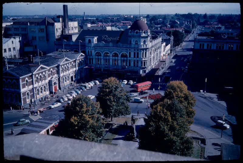 Christchurch from Cathedral spire looking west towards the University & Canterbury Museum, General Post Office in square on left, 1959