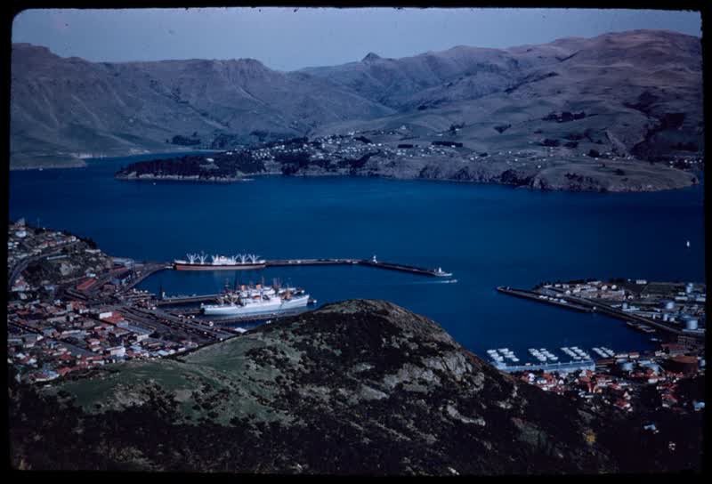 The Port of Lyttelton from the Bridle Track saddle on Summit Road, Port Hills, Christchurch, 1959