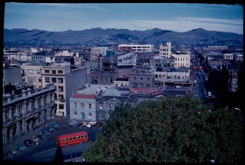 Christchurch from Cathedral spire looking south down Colombo Street to the Port Hills, 1959
