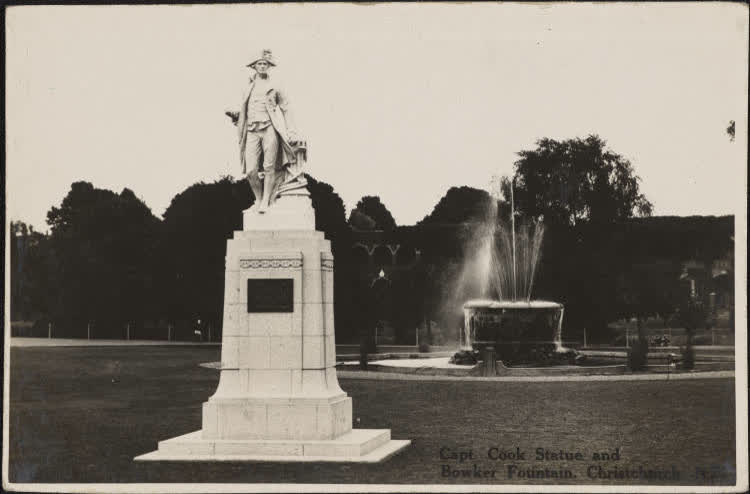 Captain Cook Statue and Bowker Fountain, Christchurch, 1930