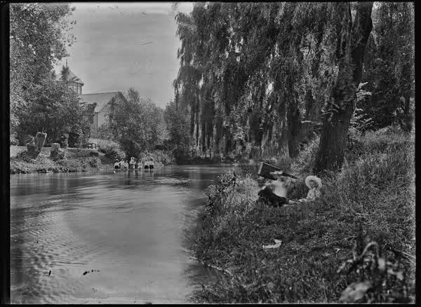 The Avon River with people bathing, 1900