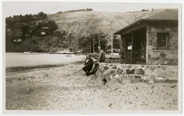 McKenzie family at the Redcliffs bus shelter, 1940
