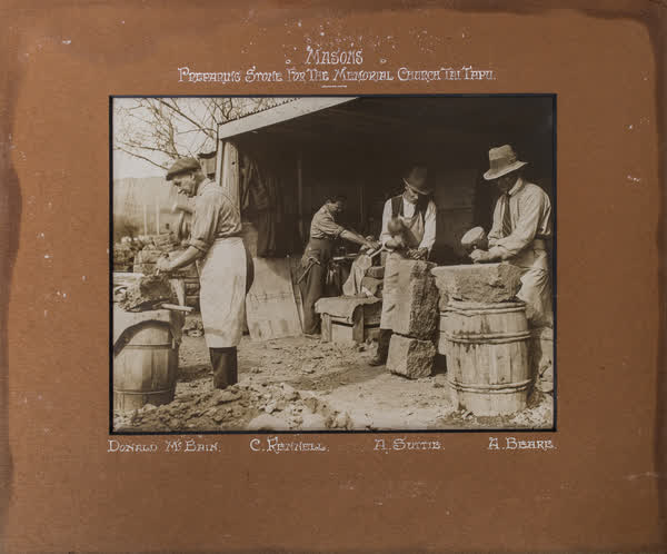 Masons preparing stone for the Memorial Church Tai Tapu, 1930