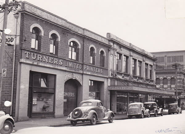 Turners Building, Tuam and Colombo Street corner, 1950