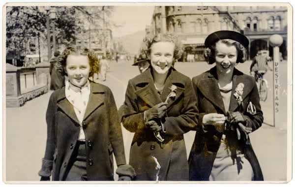 Naomi Poulsen and friends in front of the Cathedral, 1930