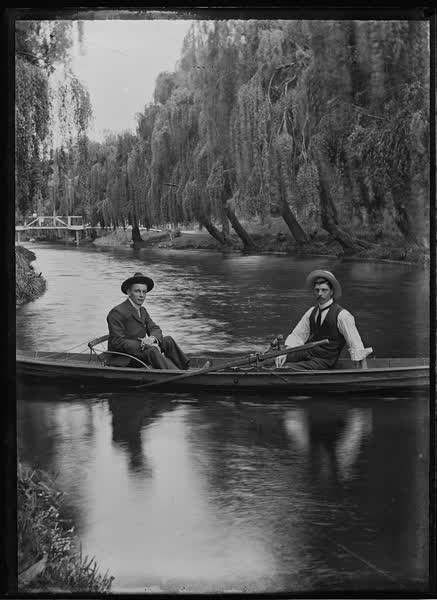 Two men in a canoe on the Avon River, 1900