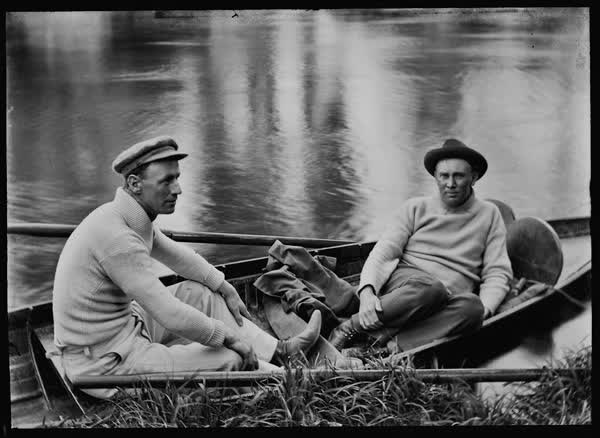Two men in a rowboat on the Avon River, 1900