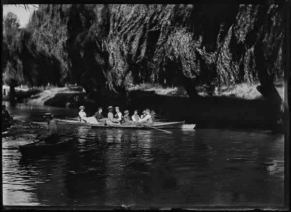 Group of six men and three women on the Avon River, 1900