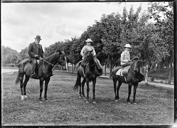 Man and two women riding horses in Hagley Park, 1900