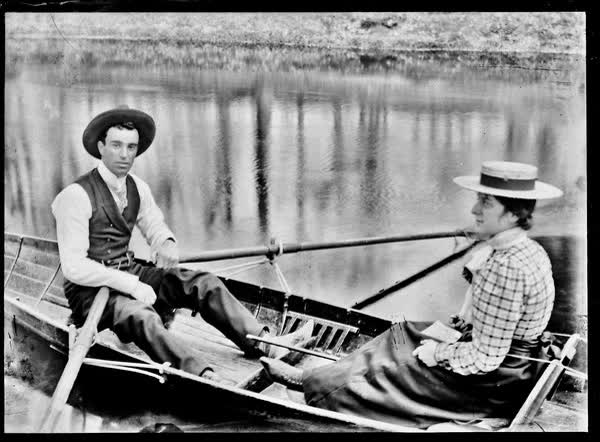 Man and woman in a rowboat on the Avon River, 1900