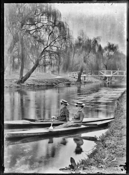 Two women in canoes on the Avon River, 1900