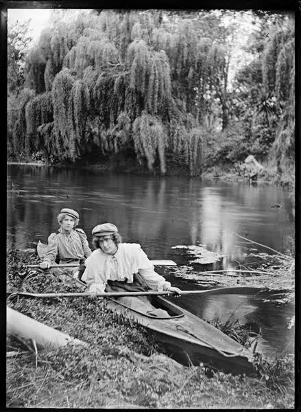 Two women in a double canoe on the Avon River, 1900