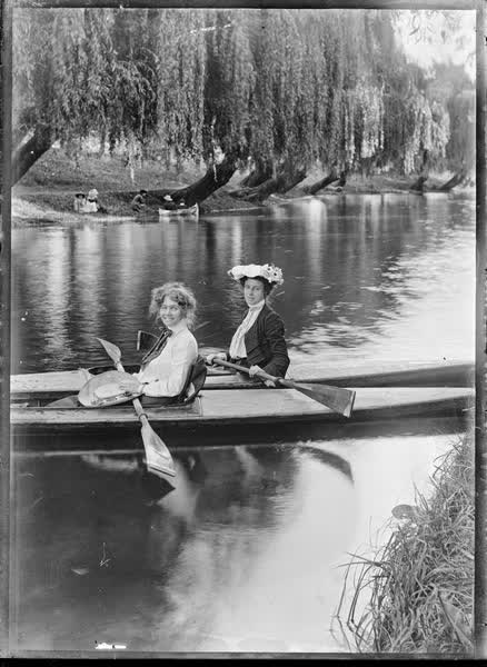 Two women in canoes on the Avon River, 1900