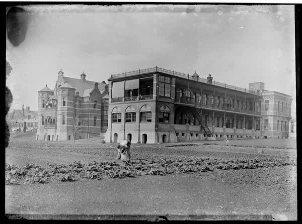 Christchurch Hospital with a man working in the grounds, 1900