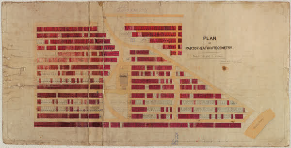 Plan of part of Heathcote CemeteryRutherford Street (Woolston) cemetery, 1866