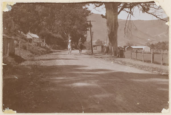 Two horsemen on Bridle Path Road near Miss Wright's home, 1910