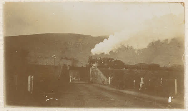 Steam train passing over Martindales Road viaduct, 1910
