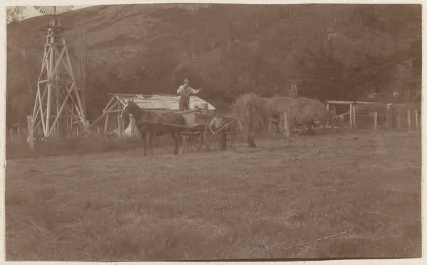 Bert Gimblett, Jack Salt and James Turner haymaking, 1910