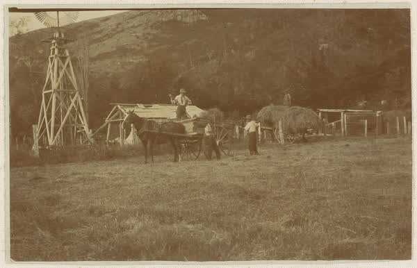 Bert Gimblett, Jack Salt and James Turner haymaking, 1910