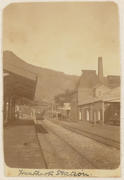 Steam engine coming into Heathcote railway station, 1900