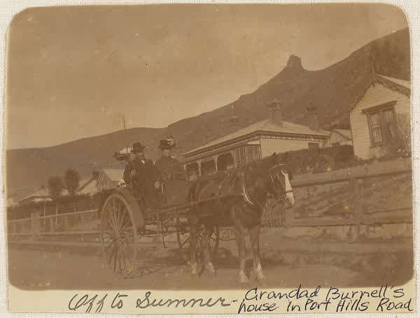 Mr and Mrs Burnell in horse and  trap outside their home, 1900