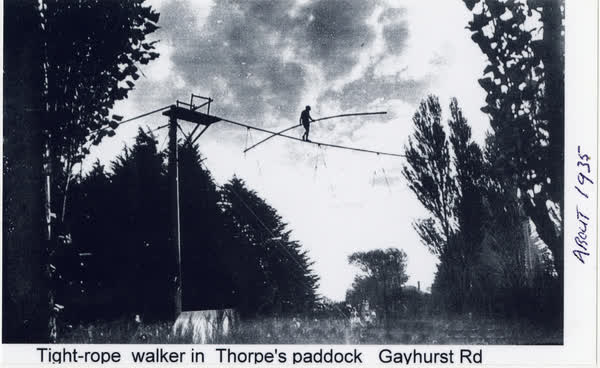 Tightrope walker in Thorpe's paddock, 1935