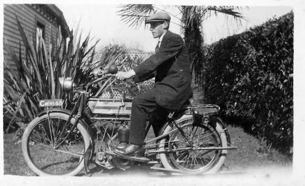 Arthur Cyril Pearce on motorcycle, 1919