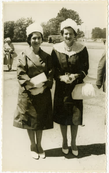 Veda Crofts and friend at Riccarton races, 1940