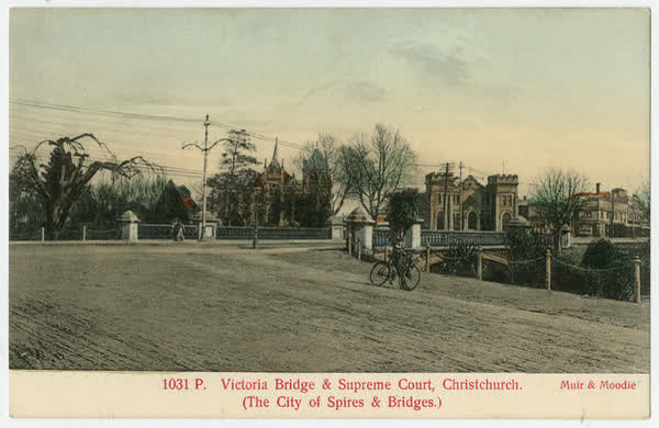 Coloured Postcard Victoria Bridge, and Supreme Court, Christchurch. 1031 P., 1900