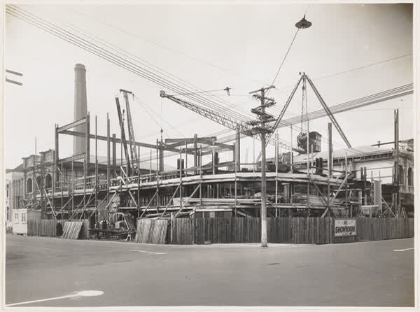Corner view of MED building construction, 1938