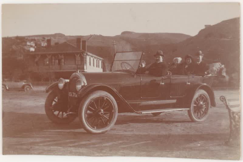 [Group in car near Christchurch]., 1920