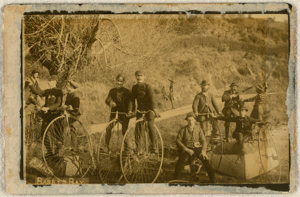 Thirteen unidentified men on roadside in Barry’s Bay, 1886