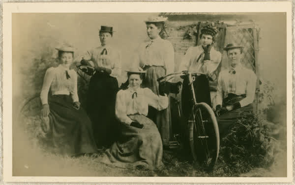 Six women with two bicycles, 1892