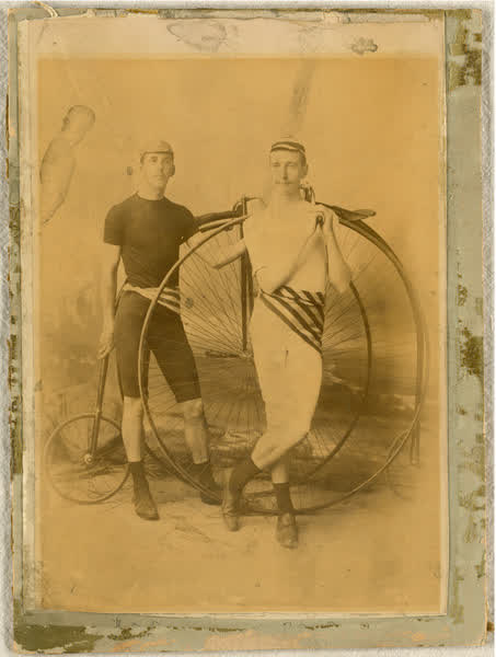 J. E. Fenlon and E. Mayes with penny-farthings, 1890