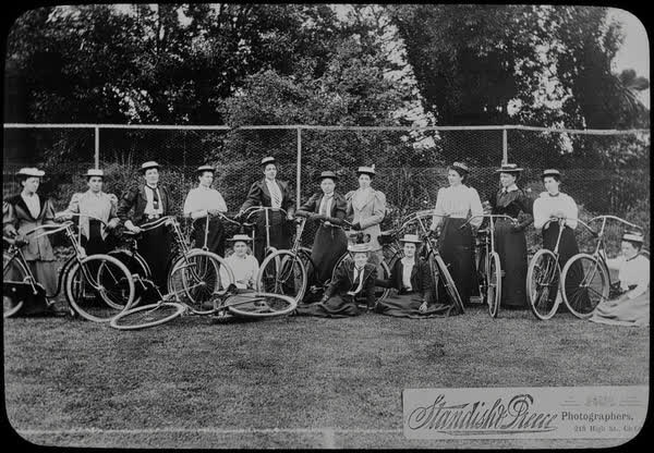 Fourteen unidentified women with bicycles, 1890