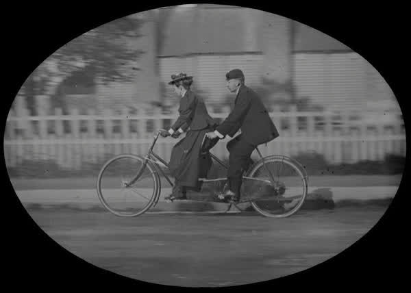Alfred Ernest Preece and wife Elizabeth Lindsay Preece on a tandem bicycle, 1890