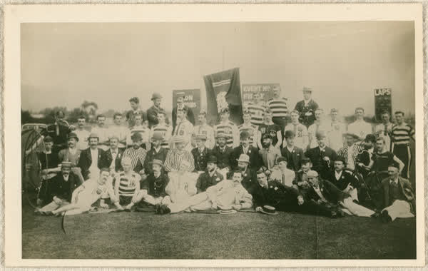 Pioneer Bicycle Club with bicycles and a flag, 1880