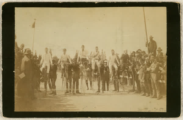 Penny-farthing race start line at Rangiora, 1887