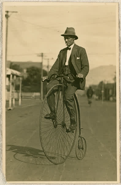 R. Haworth on a penny-farthing, 1920