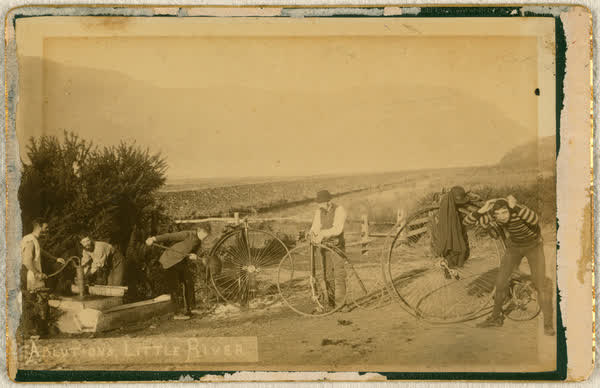 Five unidentified men using the ablutions at Little River, 1886