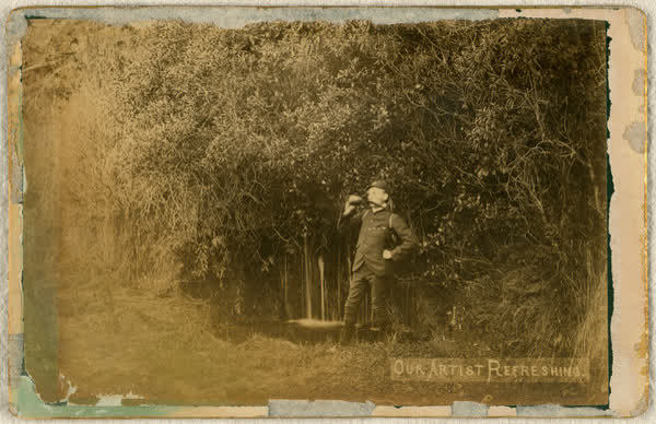 Alfred Ernest Preece drinking water from a spring, 1886