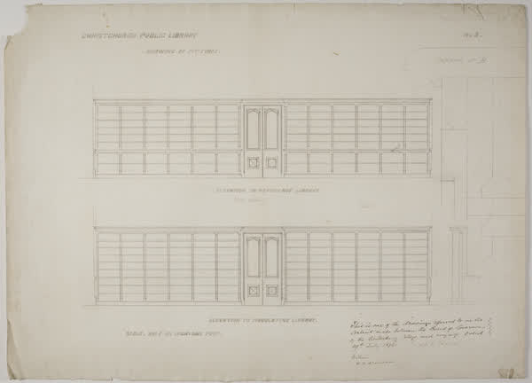 Christchurch Public Library. Drawing of fittings, 1876
