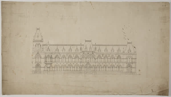 Sketch design for proposed public library. Christchurch, 1870